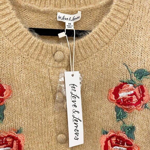 New For Love & Lemons Grans Embroidered Cropped Cardigan Beige XS $198 - Picture 6 of 8